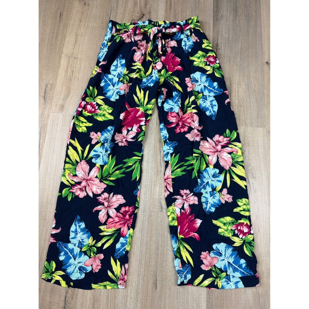 Vintage Carole Christian Tropical Floral Wide Leg‎ Pants Navy Blue Rayon Large